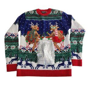Ugly Christmas Sweater 33‎ Degrees Holiday Reindeer Beer Bottle Pocket Small EUC
